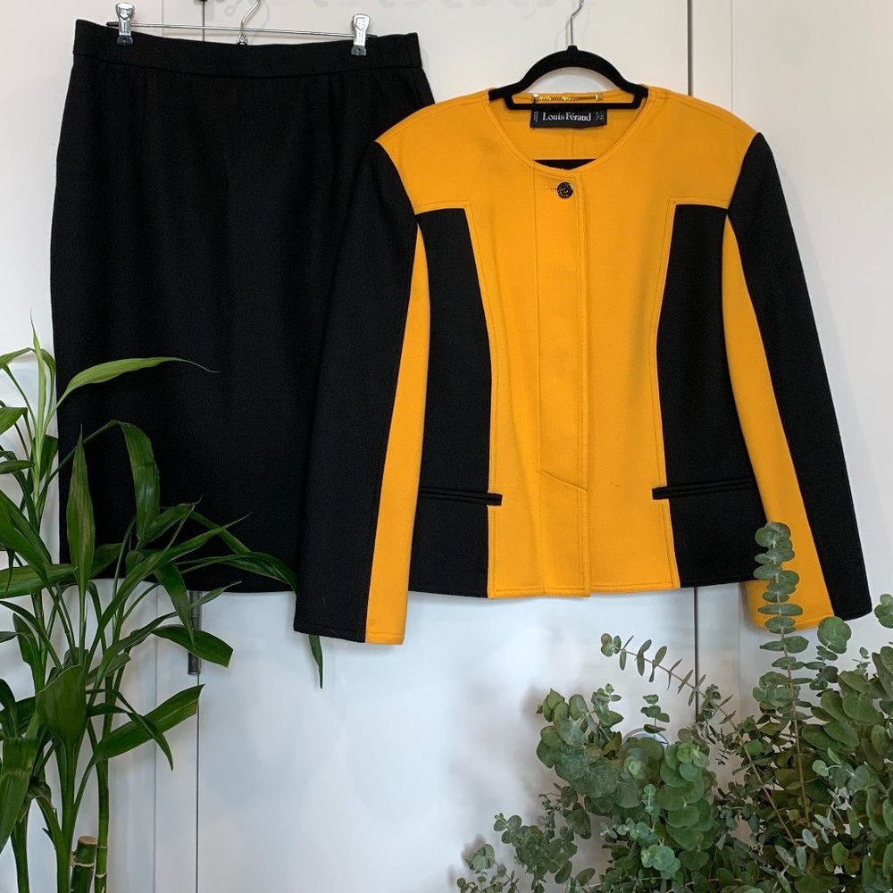 Vintage | Louis Feraud | Black / Yellow | Wool Knit | 2 Piece Skirt Suite